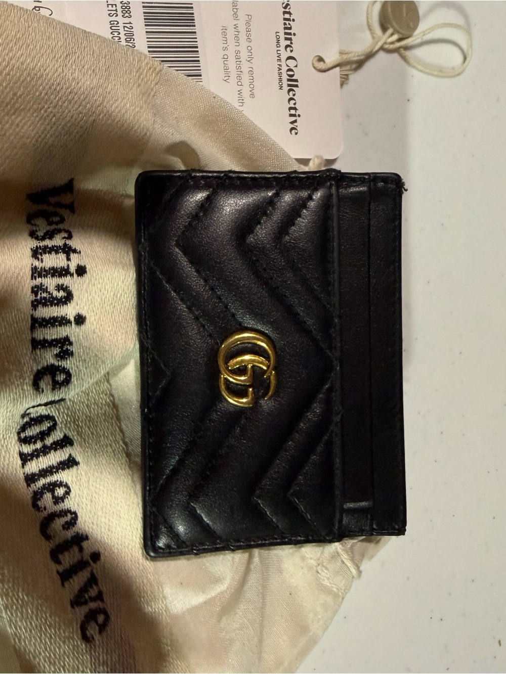 Gucci Black Quilted Leather Card Holder with Gold Double G Logo